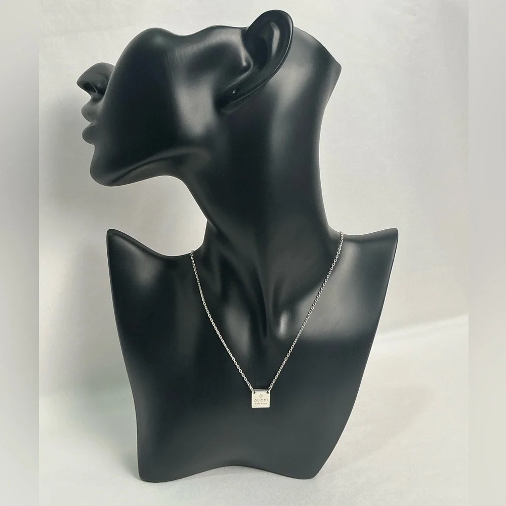 Authentic Gucci Square Plate Tag Pendant 925 Silver Necklace Signature Clasp - Picture 3 of 14